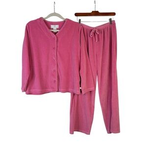 KAREN NEUBERGER Pink‎ Velour Pajama Set | Button-Front Top & Lounge Pants Large